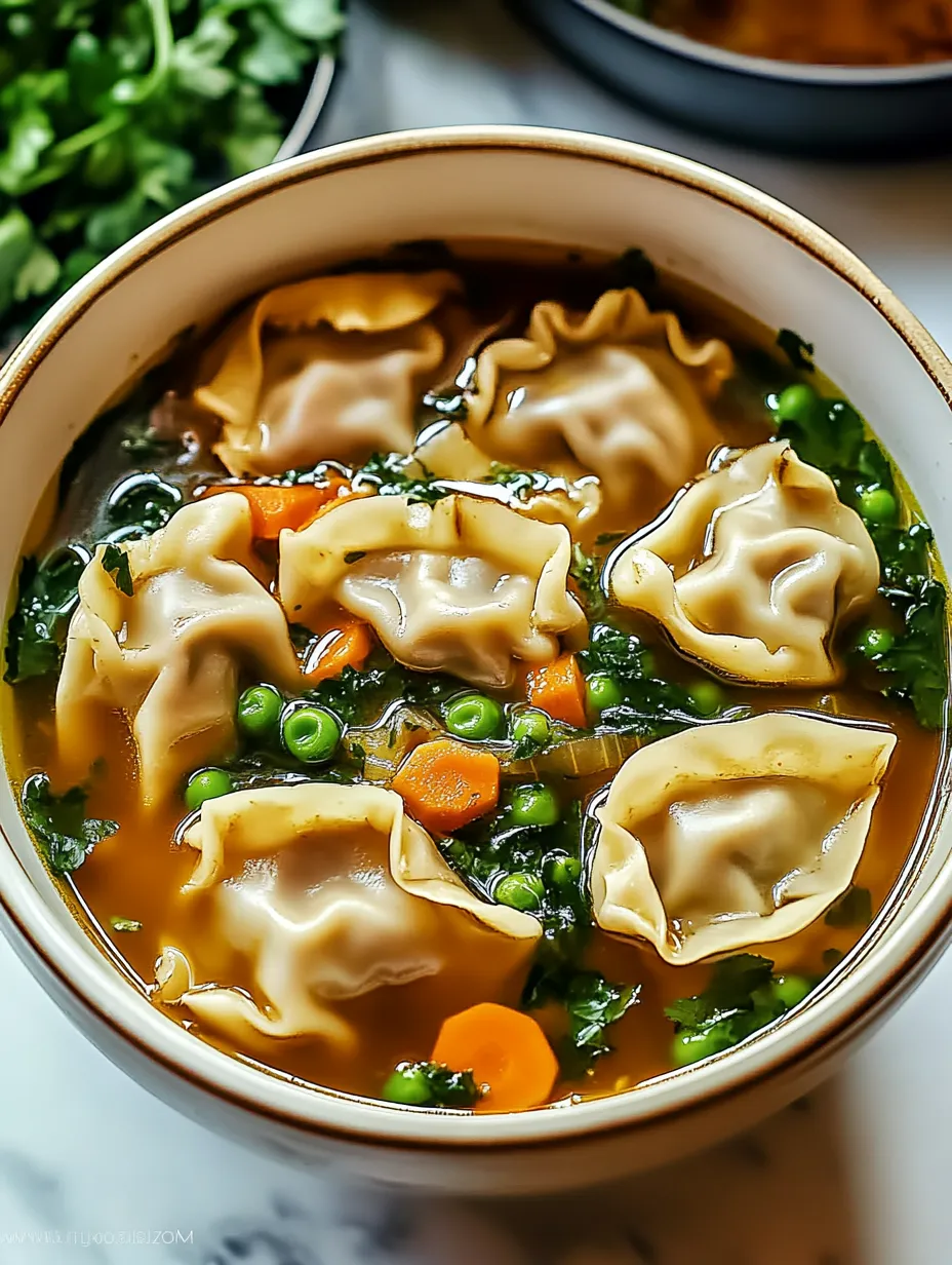 A bowl of soup filled with vegetables and dumplings.