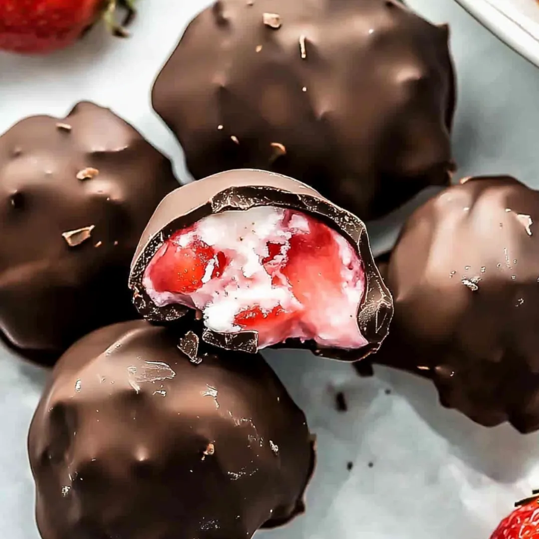 A chocolate dessert with a strawberry in the middle.