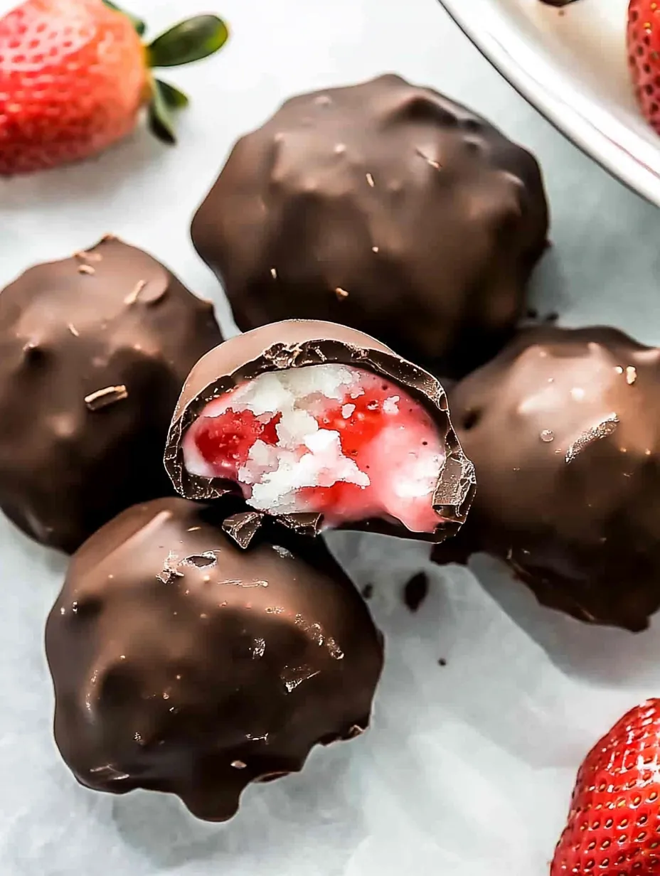 A plate of chocolate desserts with strawberries on top.