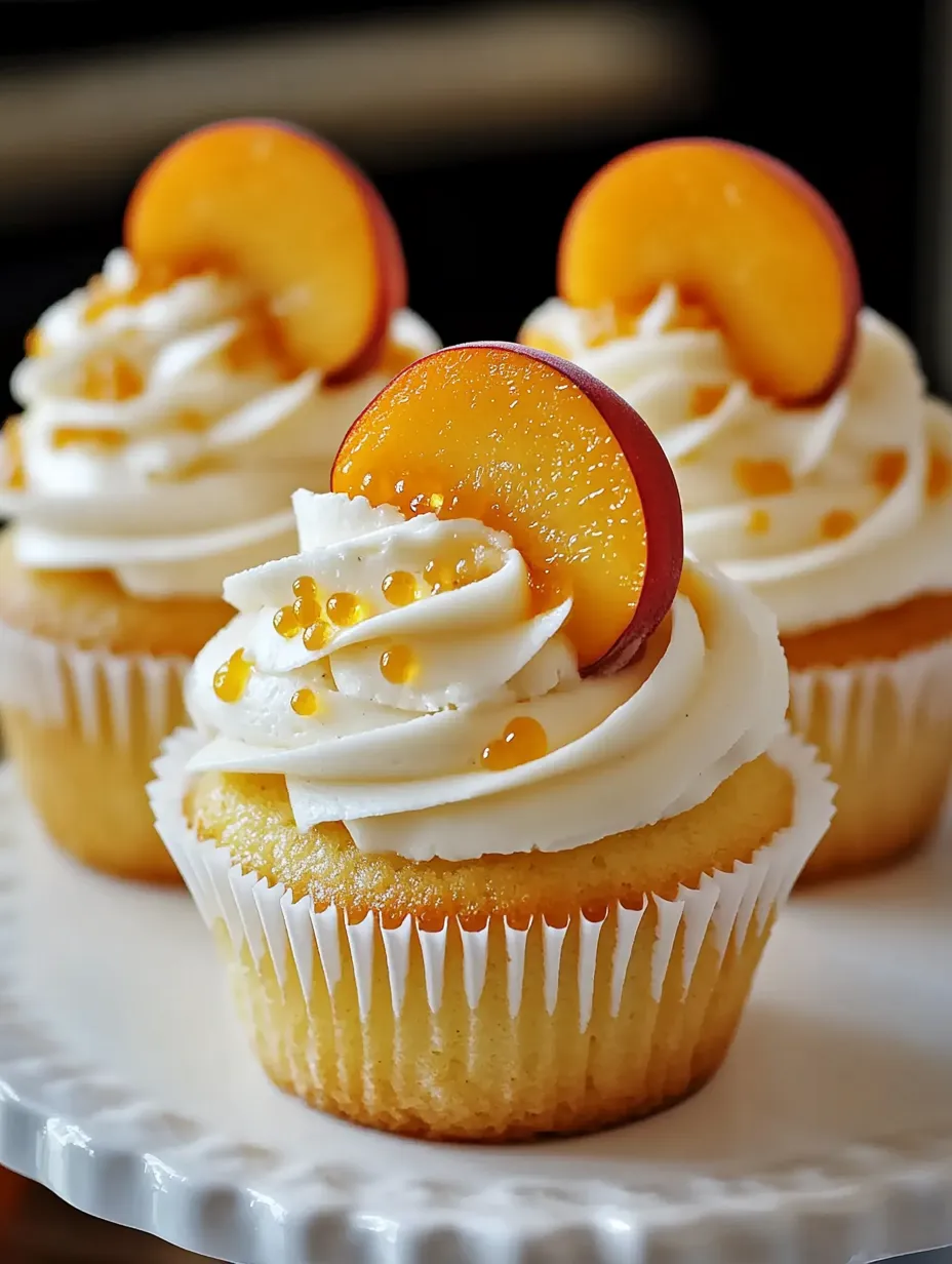 Two cupcakes with peaches on top.