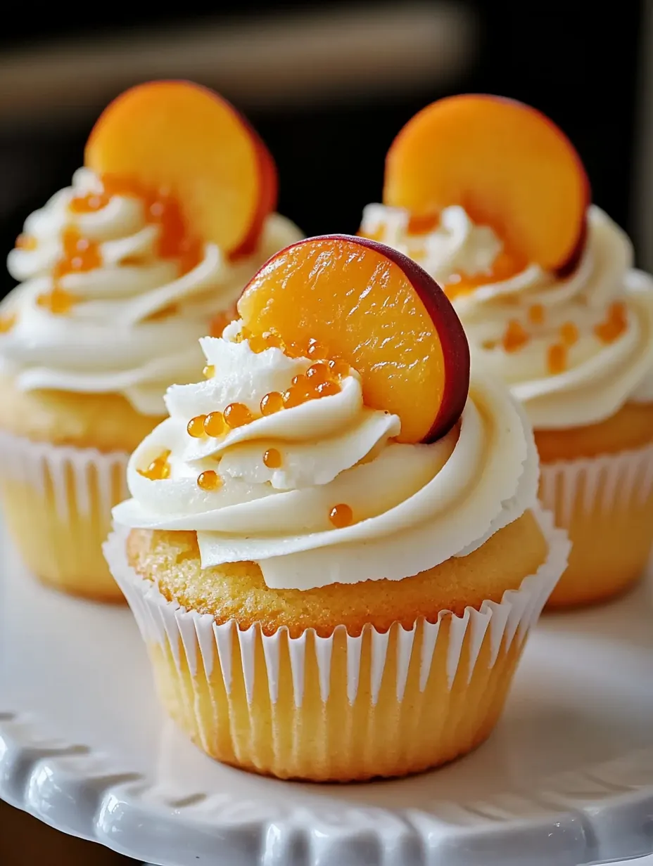 Two cupcakes with peaches on top.