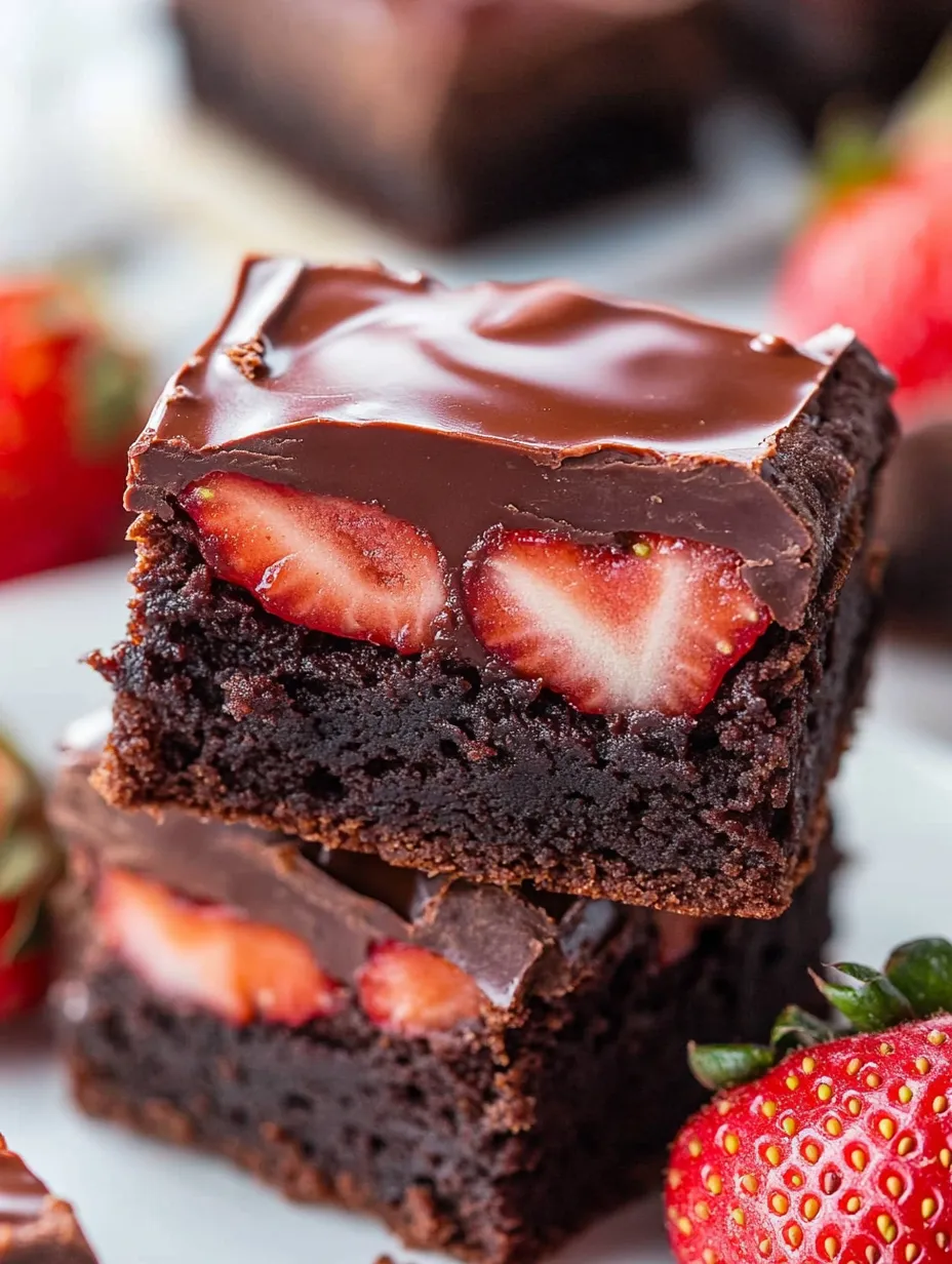 A chocolate dessert with strawberries on top.