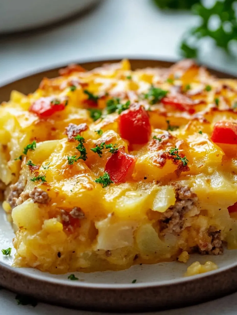 A delicious casserole with cheese and tomatoes on a white plate.