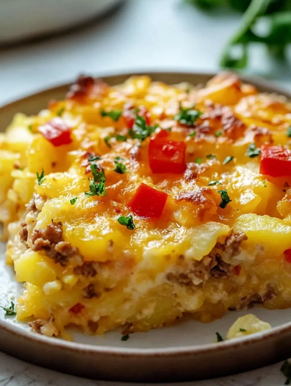 A delicious cheesy casserole with a variety of vegetables and meat.