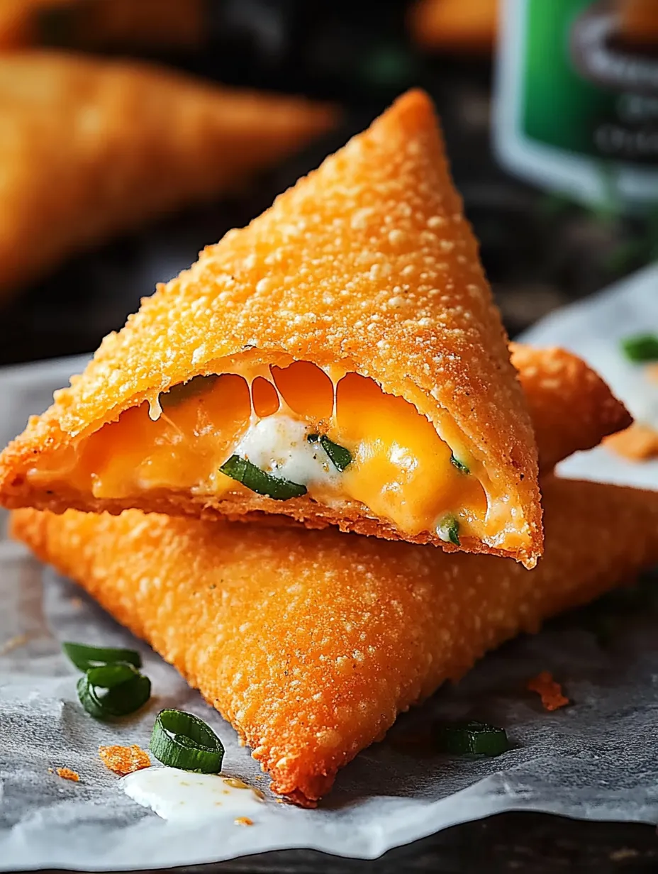 A triangle shaped pastry with cheese and green vegetables inside.