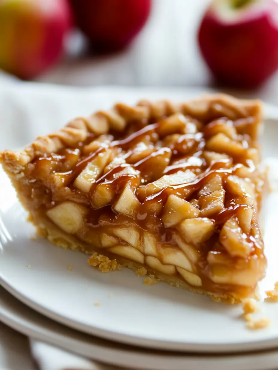 A slice of pie with caramel sauce on a white plate.