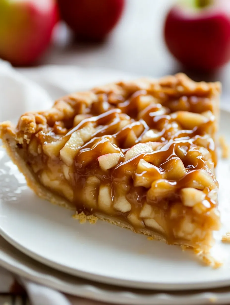 A slice of pie with caramel sauce on a white plate.