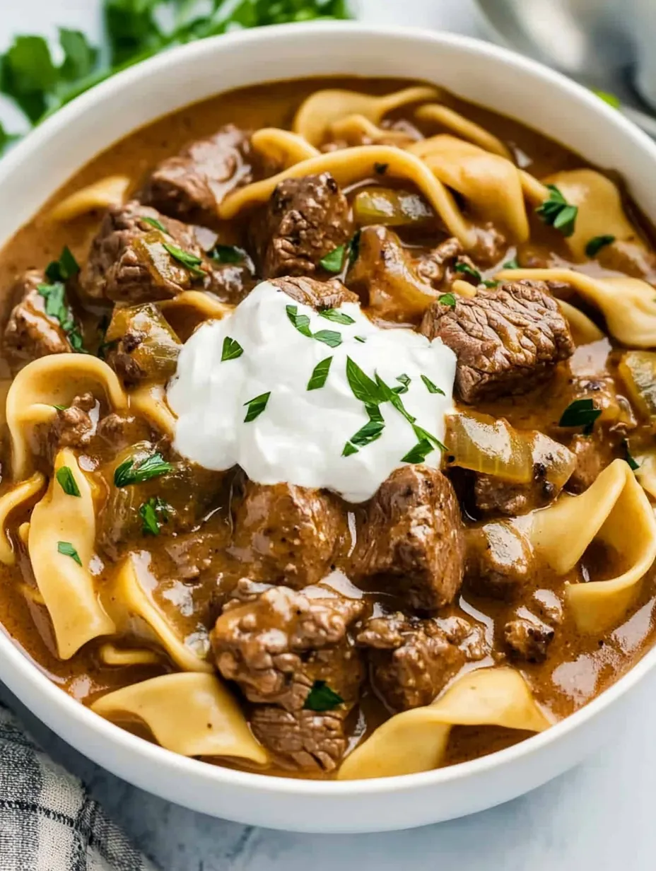 A bowl of beef stew with noodles and white sauce.