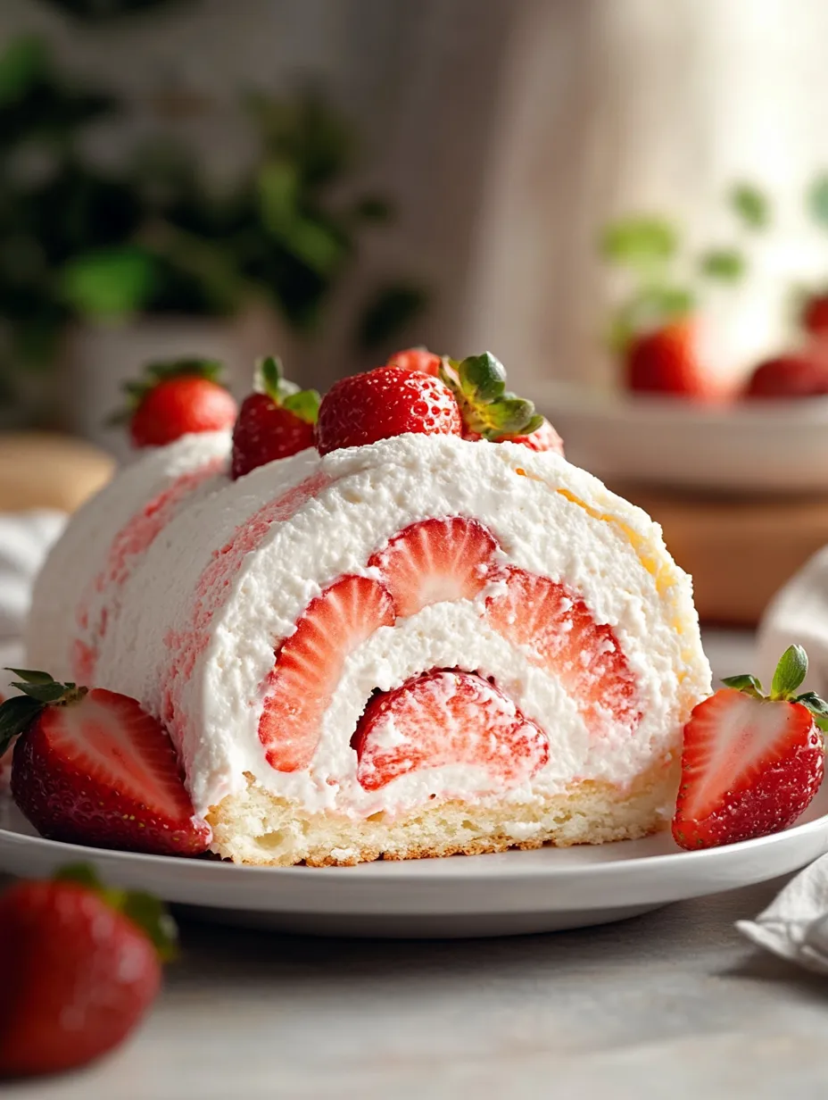 A delicious strawberry cake with white frosting and strawberries on top.