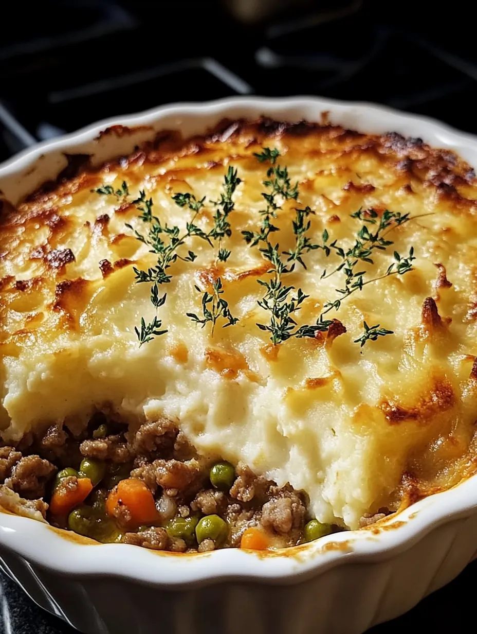 A white casserole dish filled with meat, potatoes, and peas.