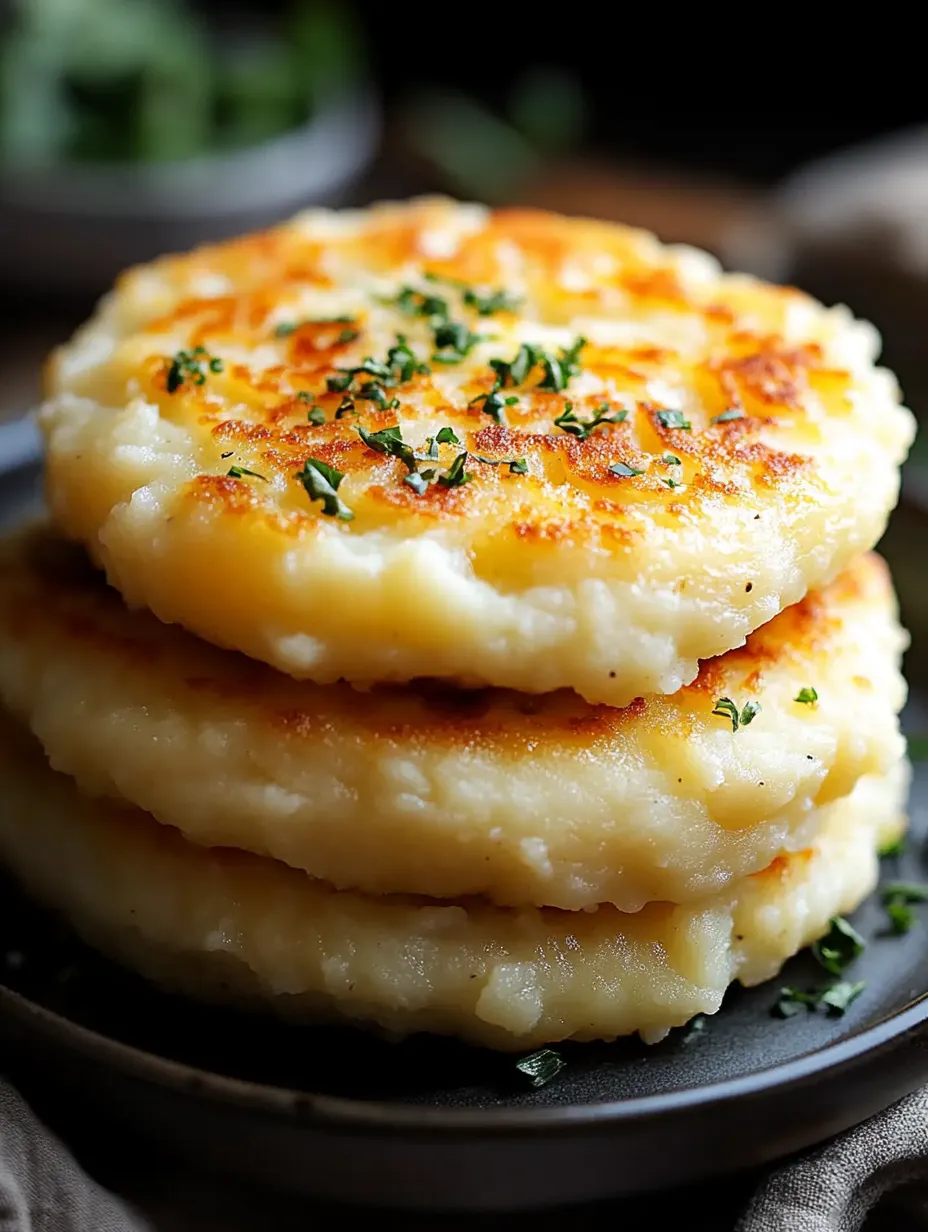 A stack of three cheesy biscuits with green herbs on top.