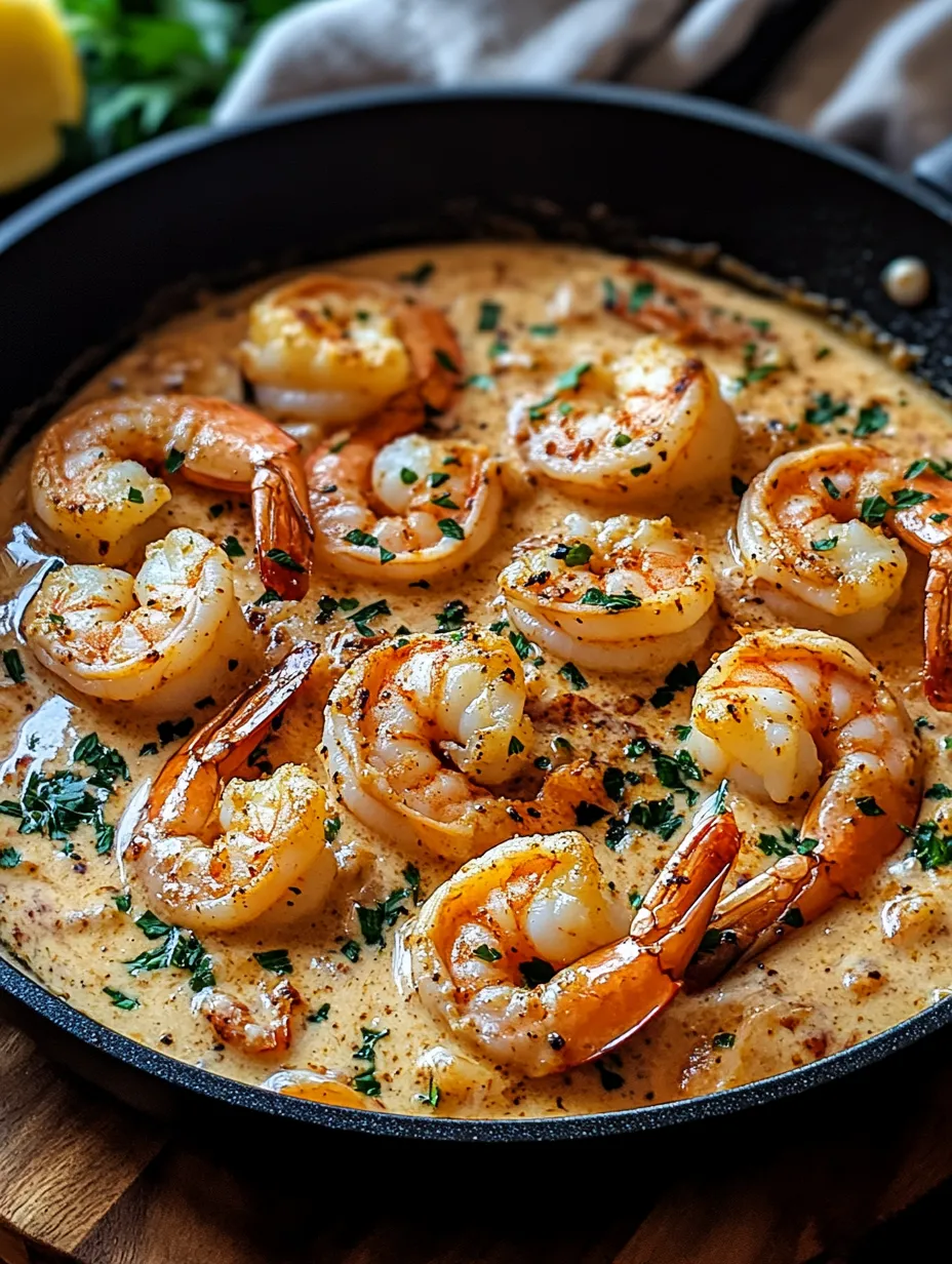 A delicious shrimp dish with a creamy sauce, garnished with herbs and spices.