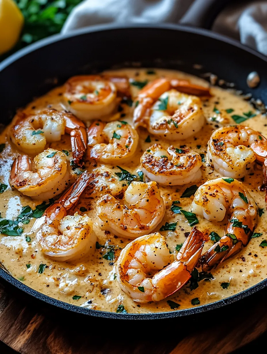 A pan of shrimp and vegetables is cooked in a creamy sauce.