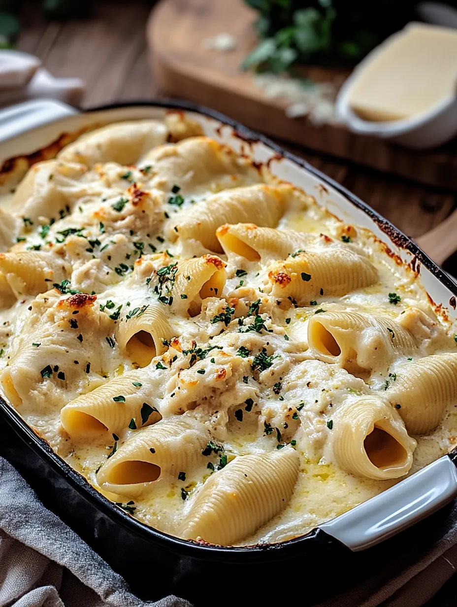 A dish of pasta with cheese and chicken in a pan.