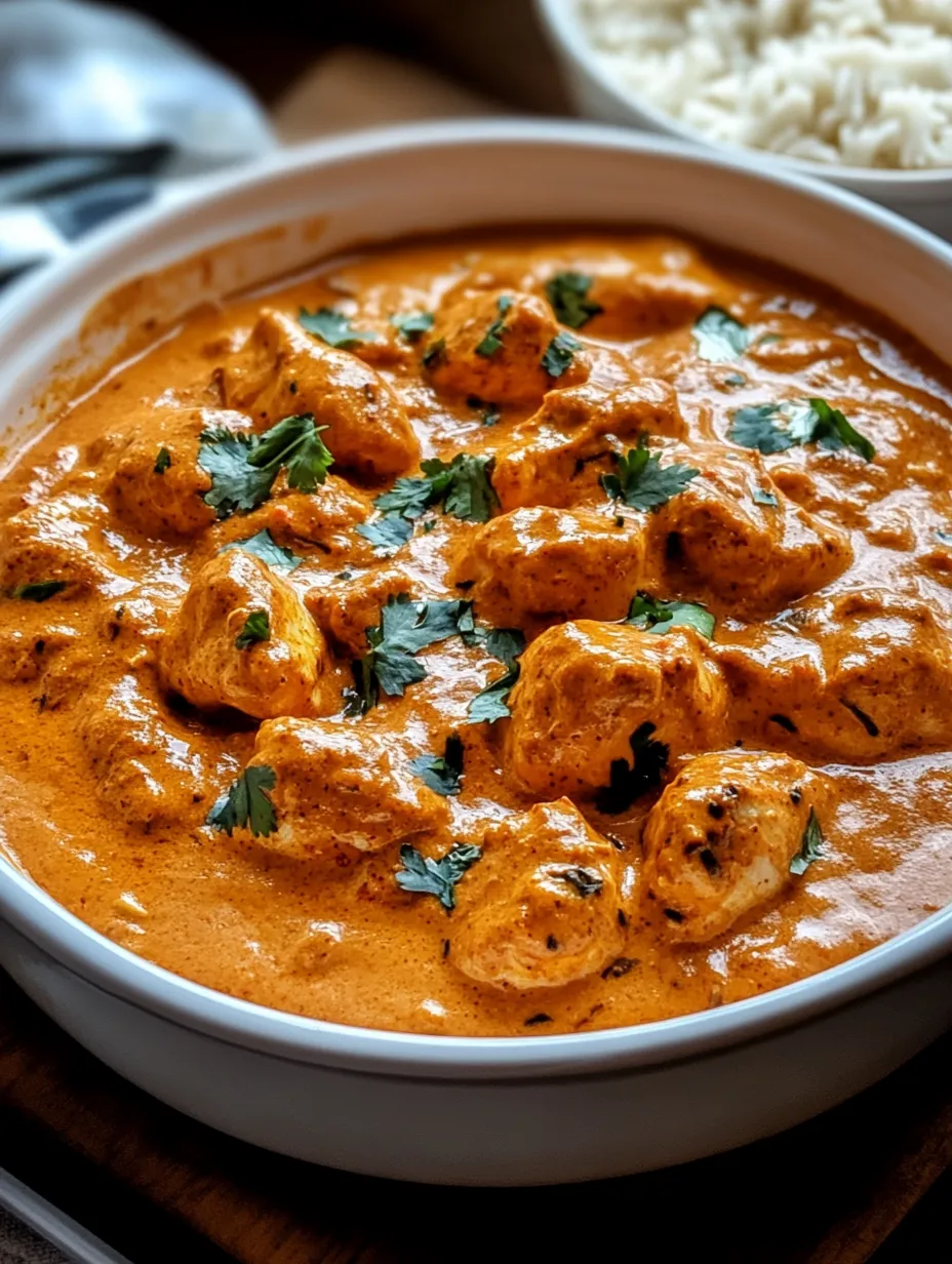 A bowl of chicken curry with green herbs and spices.