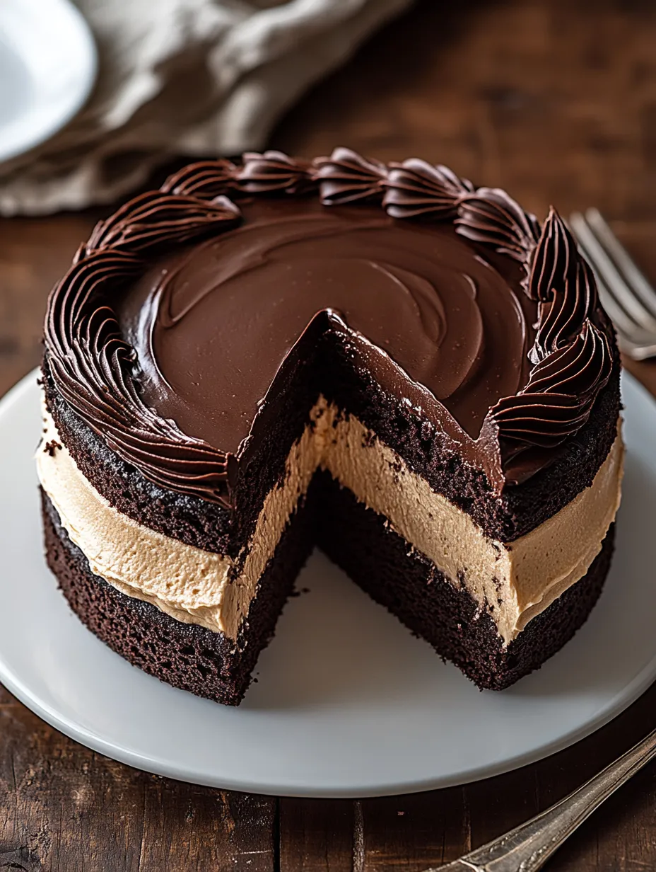 A slice of chocolate cake with a white plate underneath.