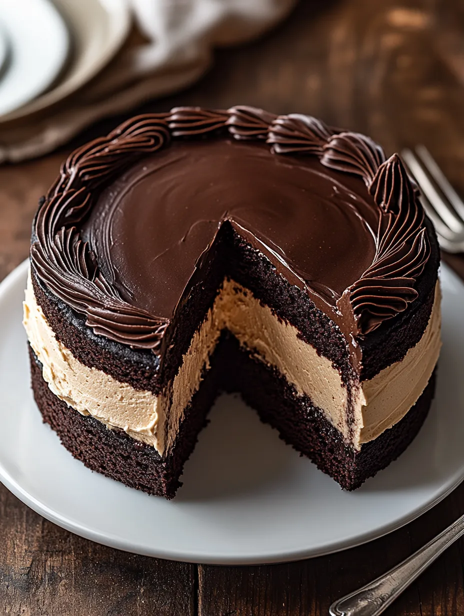 A slice of chocolate cake with a white plate underneath.