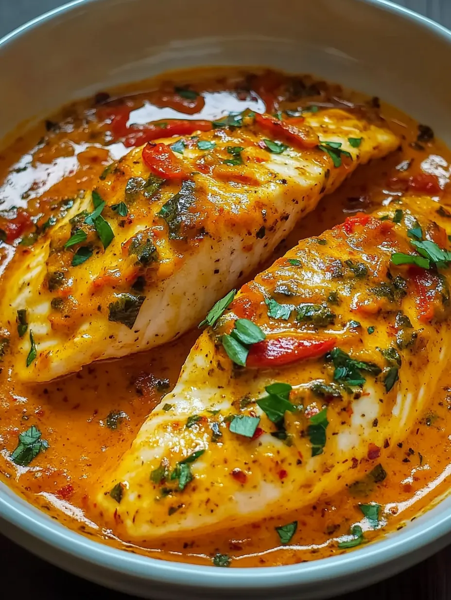 Two pieces of fish with a spicy sauce on top.