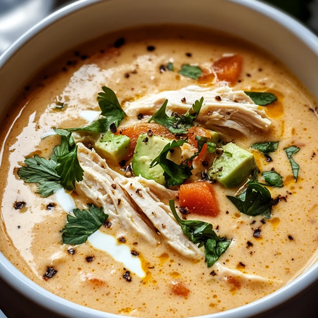 A bowl of soup with chicken, avocado, and carrots.