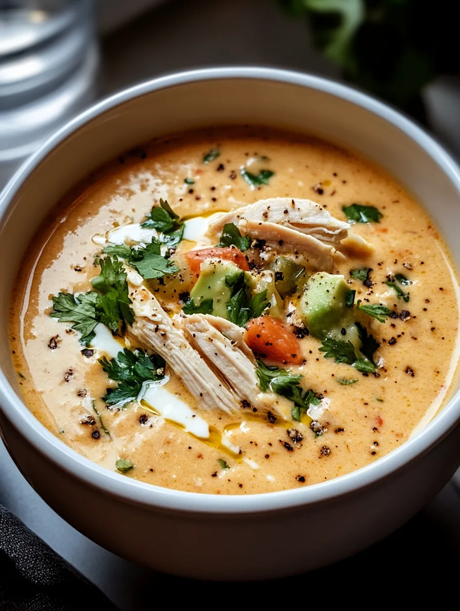 A bowl of soup with chicken, avocado, and spices.