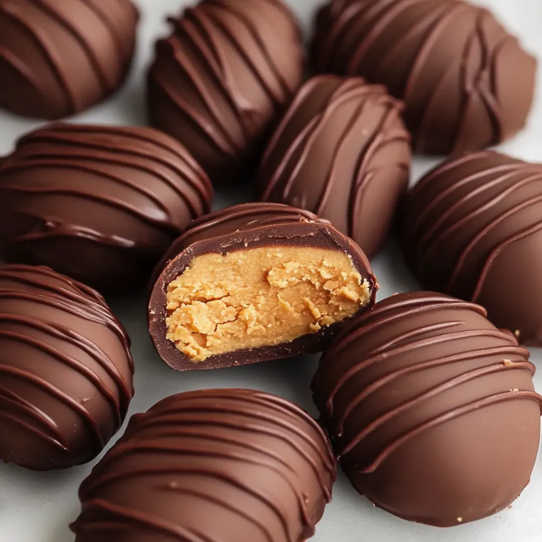 A plate of chocolate candies with peanut butter filling.