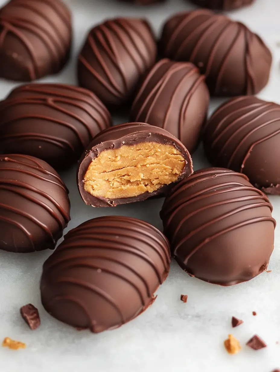 A table full of chocolate balls with a peanut butter filling.