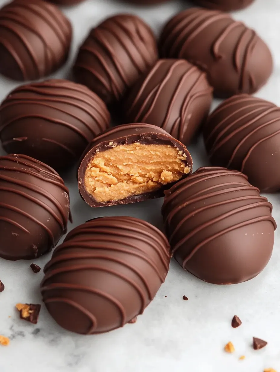 A table full of chocolate candies with peanut butter filling.