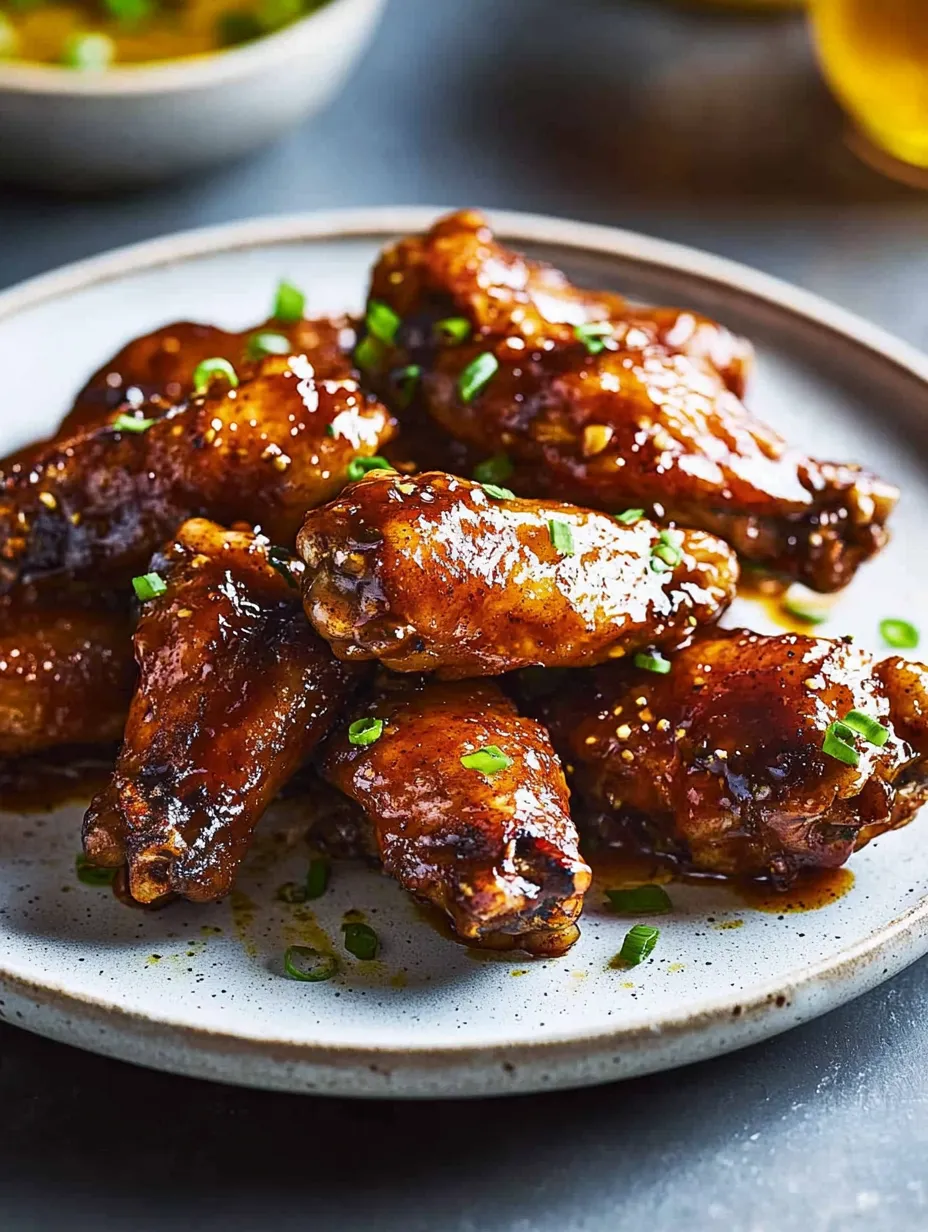 A plate of barbecue chicken wings with a sauce.