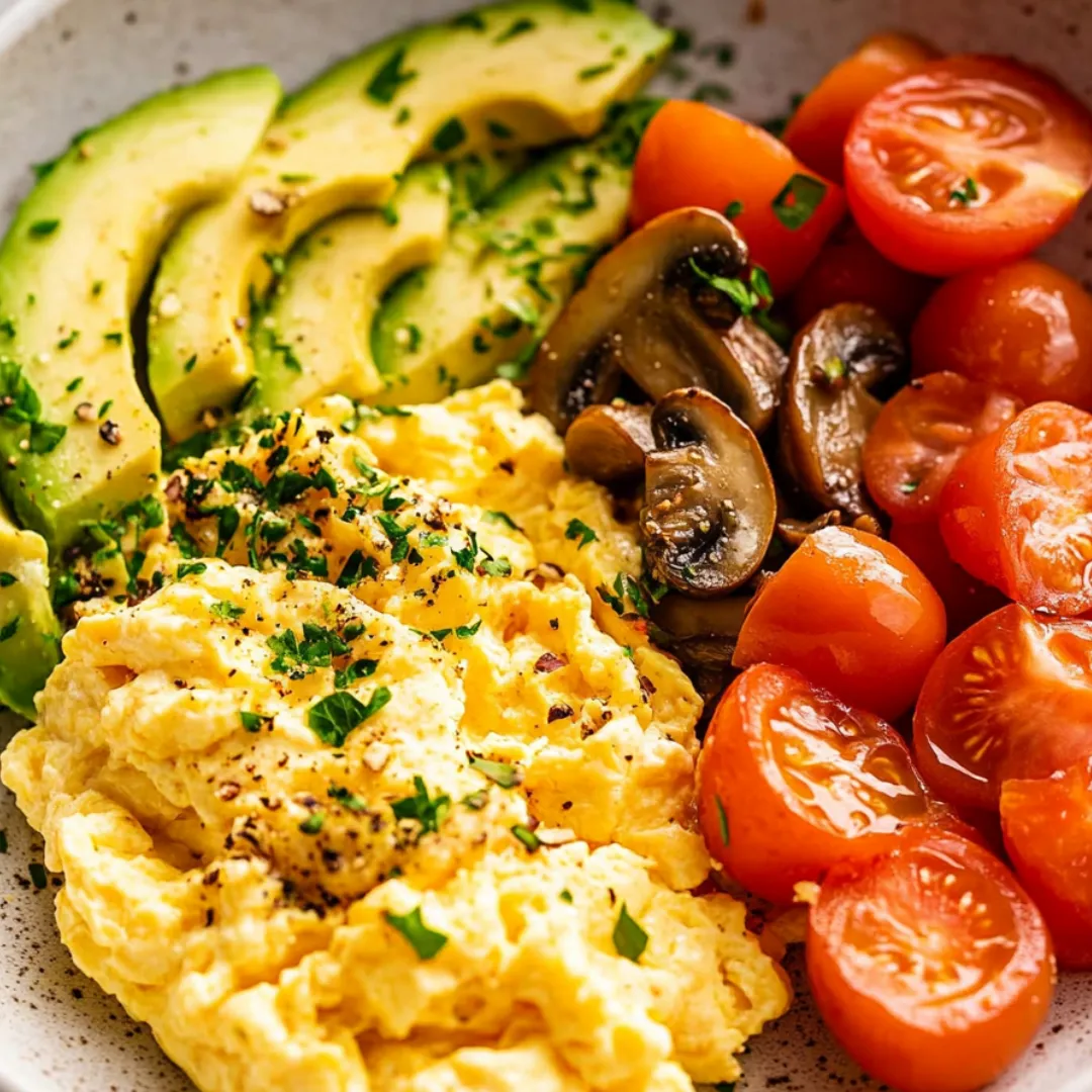 A bowl of food containing eggs, tomatoes, avocado, and mushrooms.