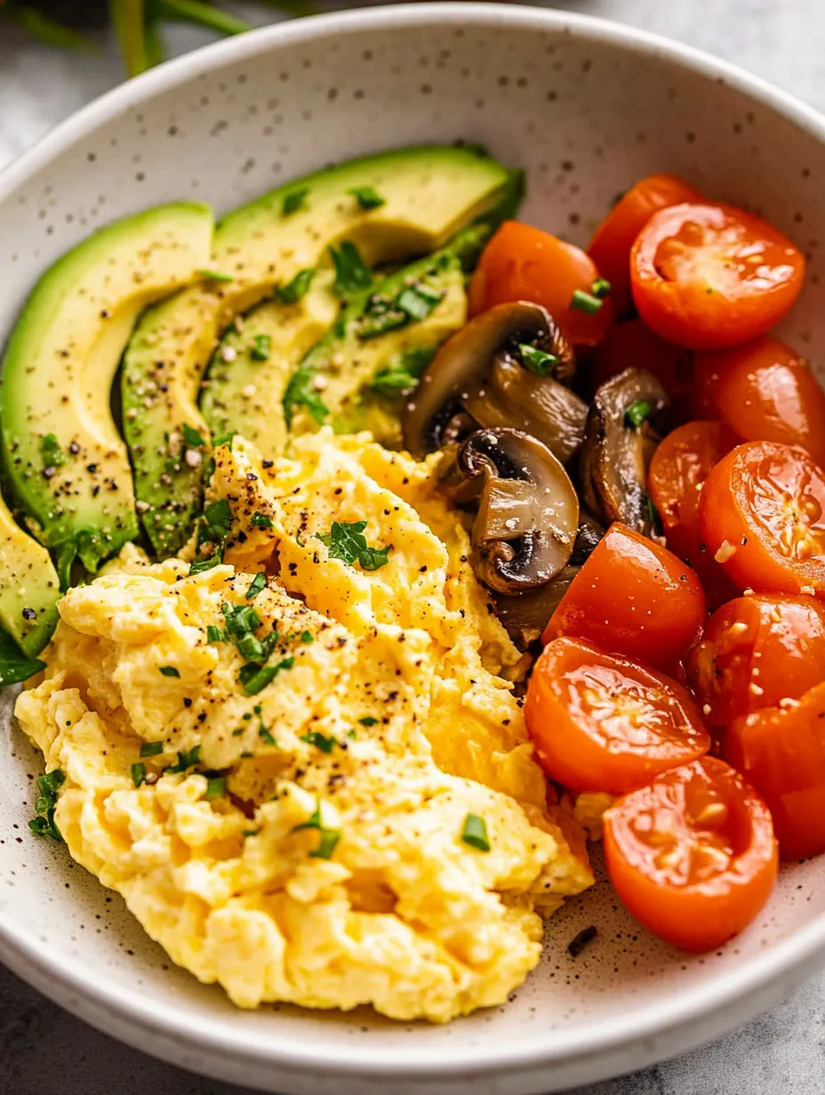 A bowl of food with mushrooms, tomatoes, and avocado.