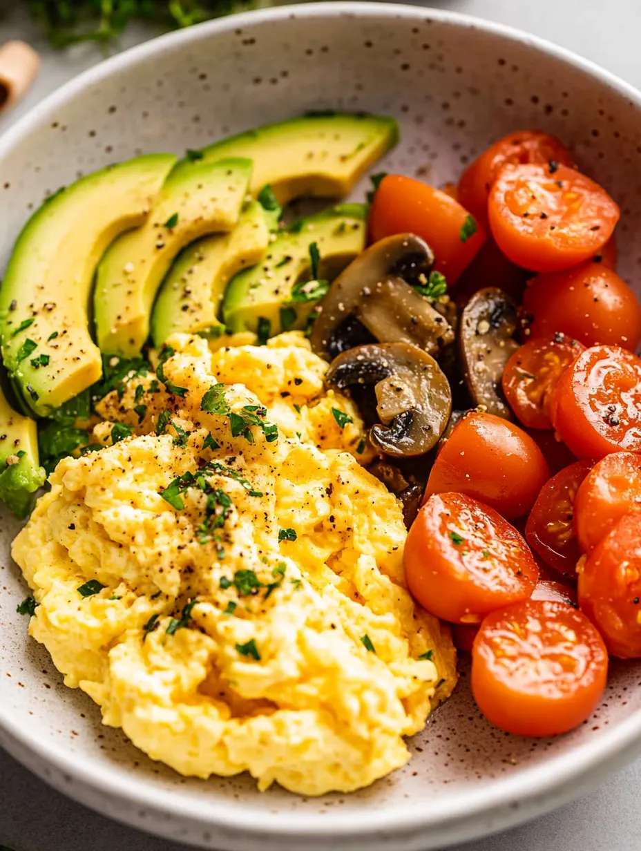 A bowl of food containing eggs, tomatoes, avocado, and mushrooms.