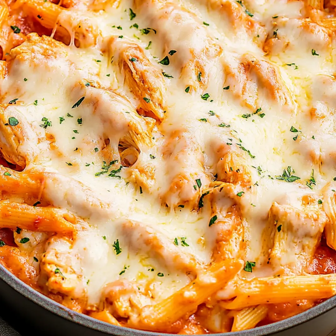 A pan of pasta with cheese and chicken.