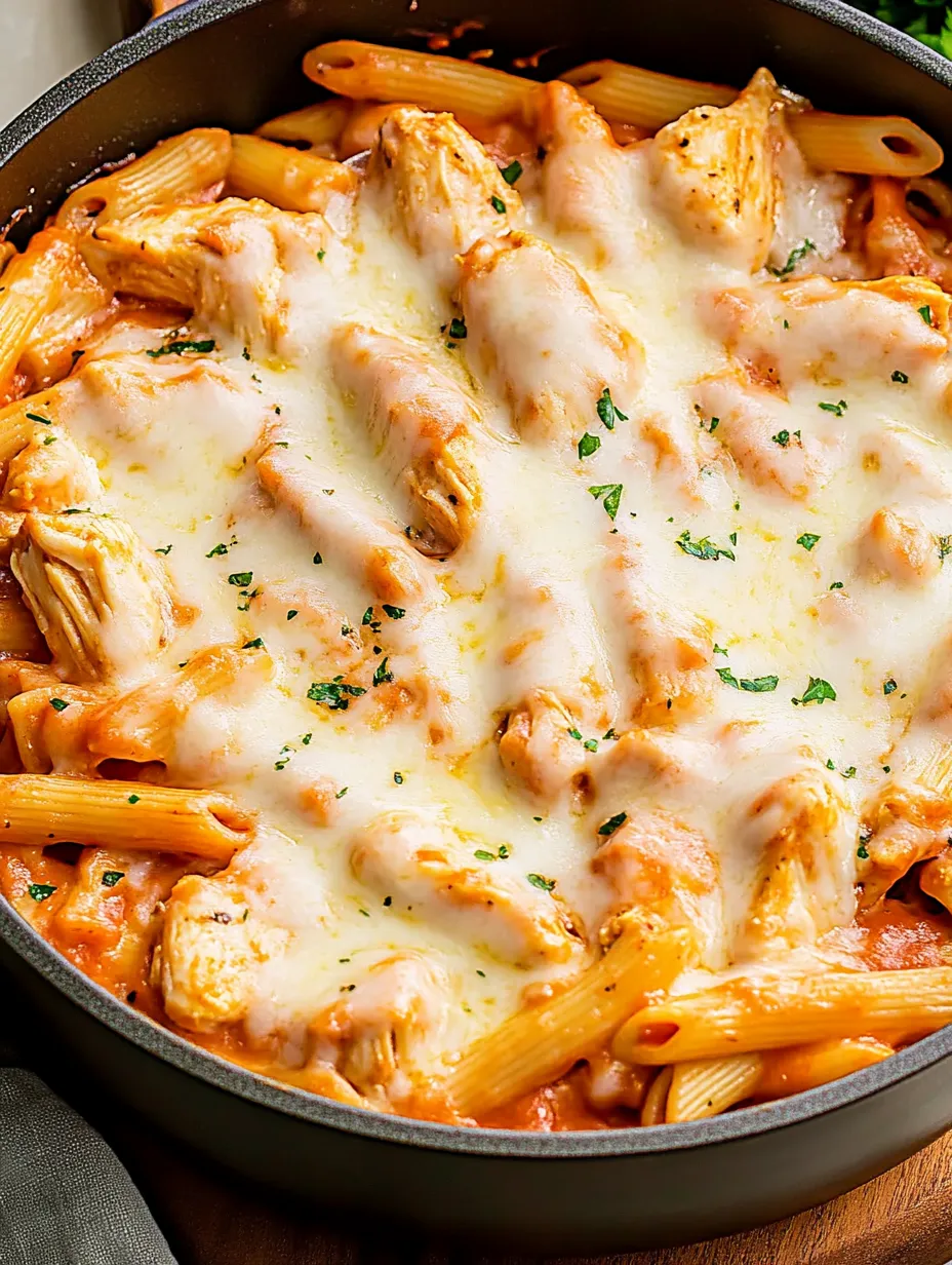 A delicious meal of pasta with cheese and chicken.