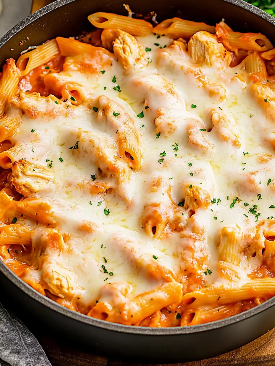 A delicious pasta dish with cheese and chicken.