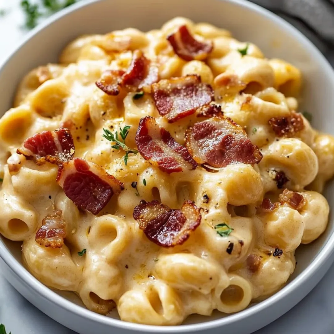 A bowl of macaroni and cheese with bacon bits on top.