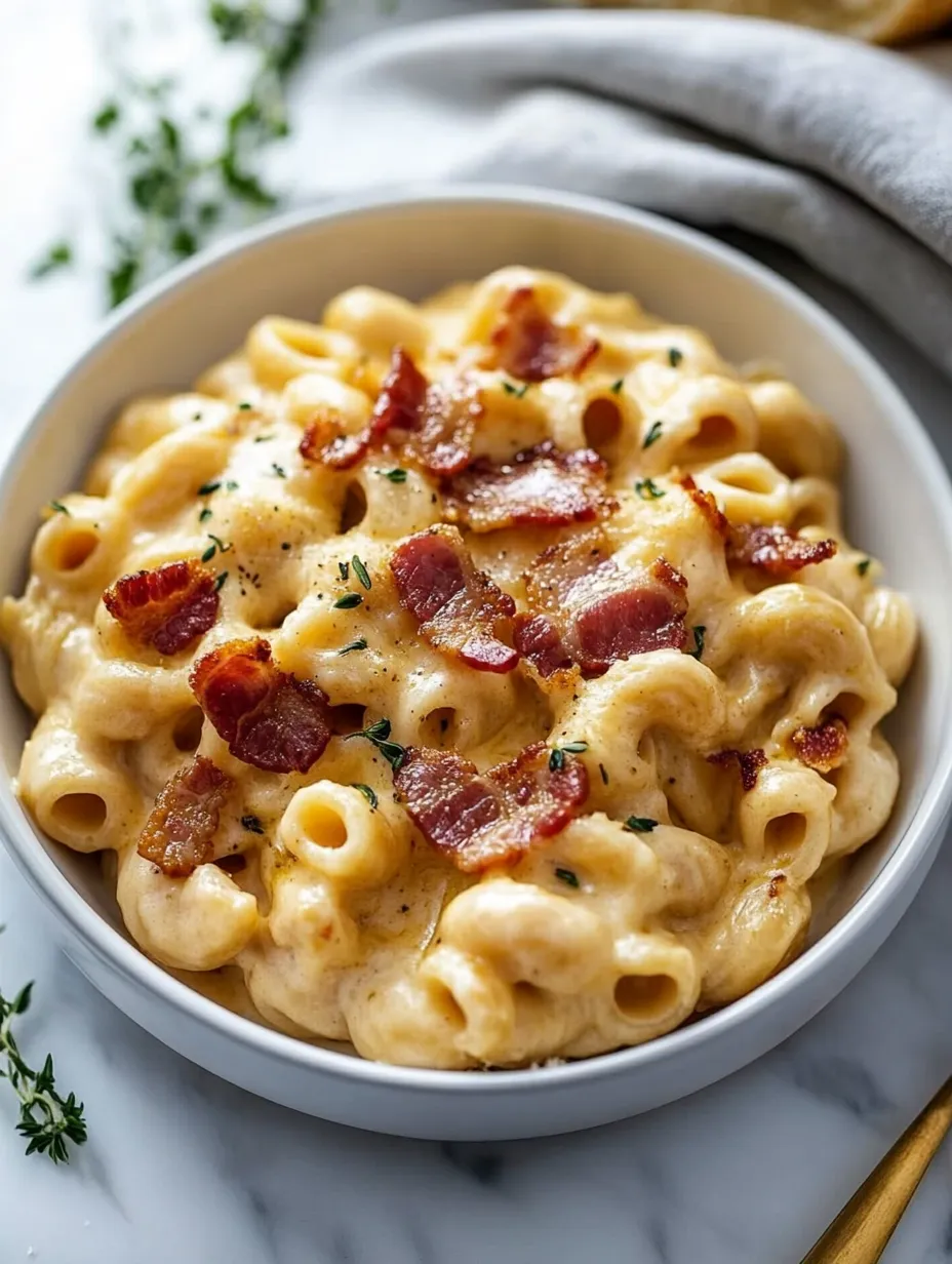 A bowl of macaroni and cheese with bacon bits on top.