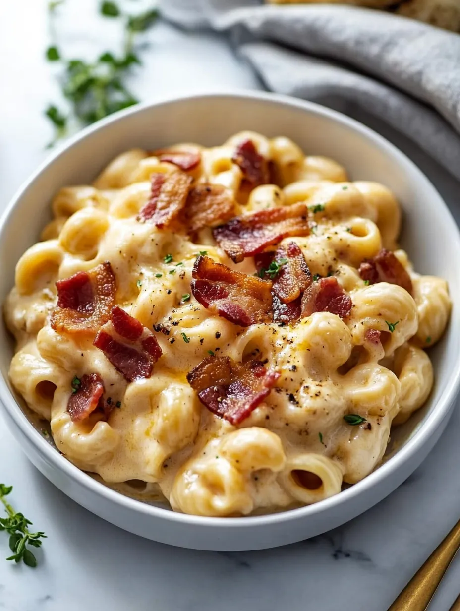 A bowl of macaroni and cheese with bacon bits on top.