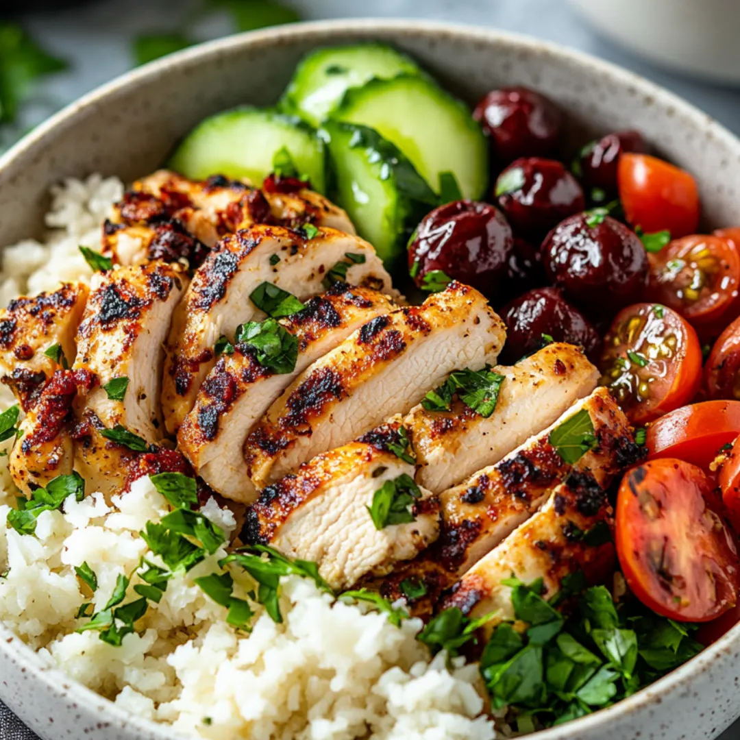 A bowl of rice and vegetables, including tomatoes, cucumbers, and cherries.