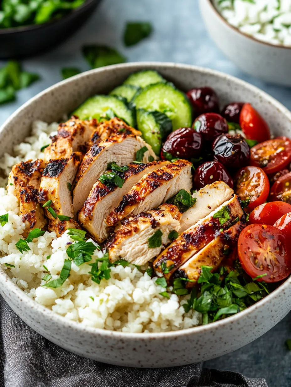 A bowl of food with rice, chicken, tomatoes, cucumbers, and black olives.