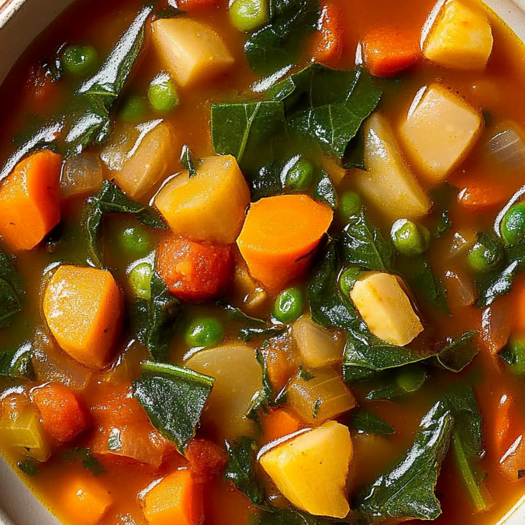 A bowl of soup with a variety of vegetables, including carrots, peas, and potatoes.