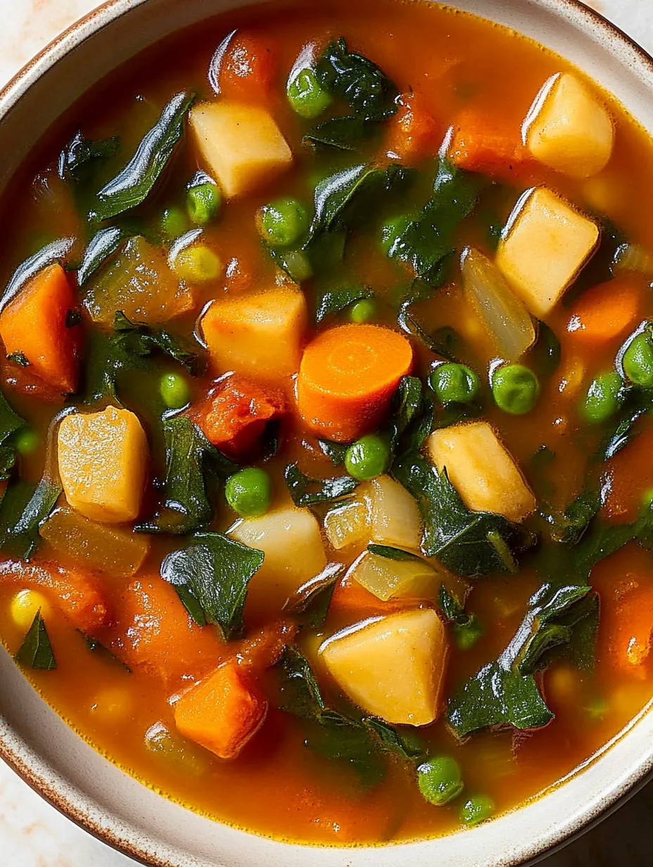 A bowl of soup with vegetables and peas.