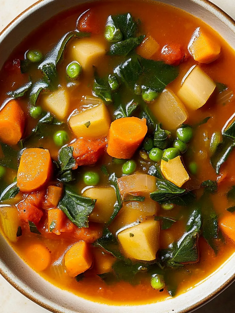 A bowl of soup with vegetables and peas.