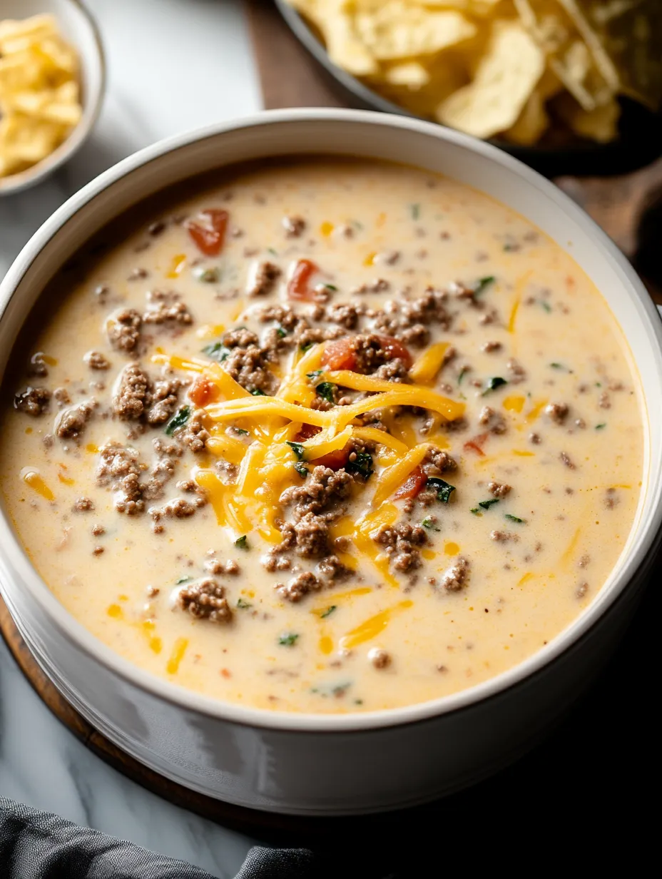 A bowl of soup with cheese and meat in it.