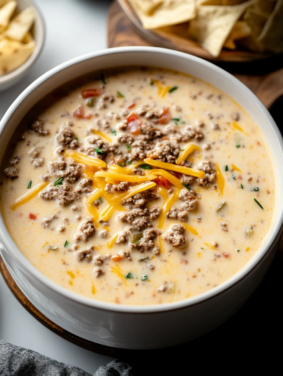 A bowl of soup with cheese and meat in it.