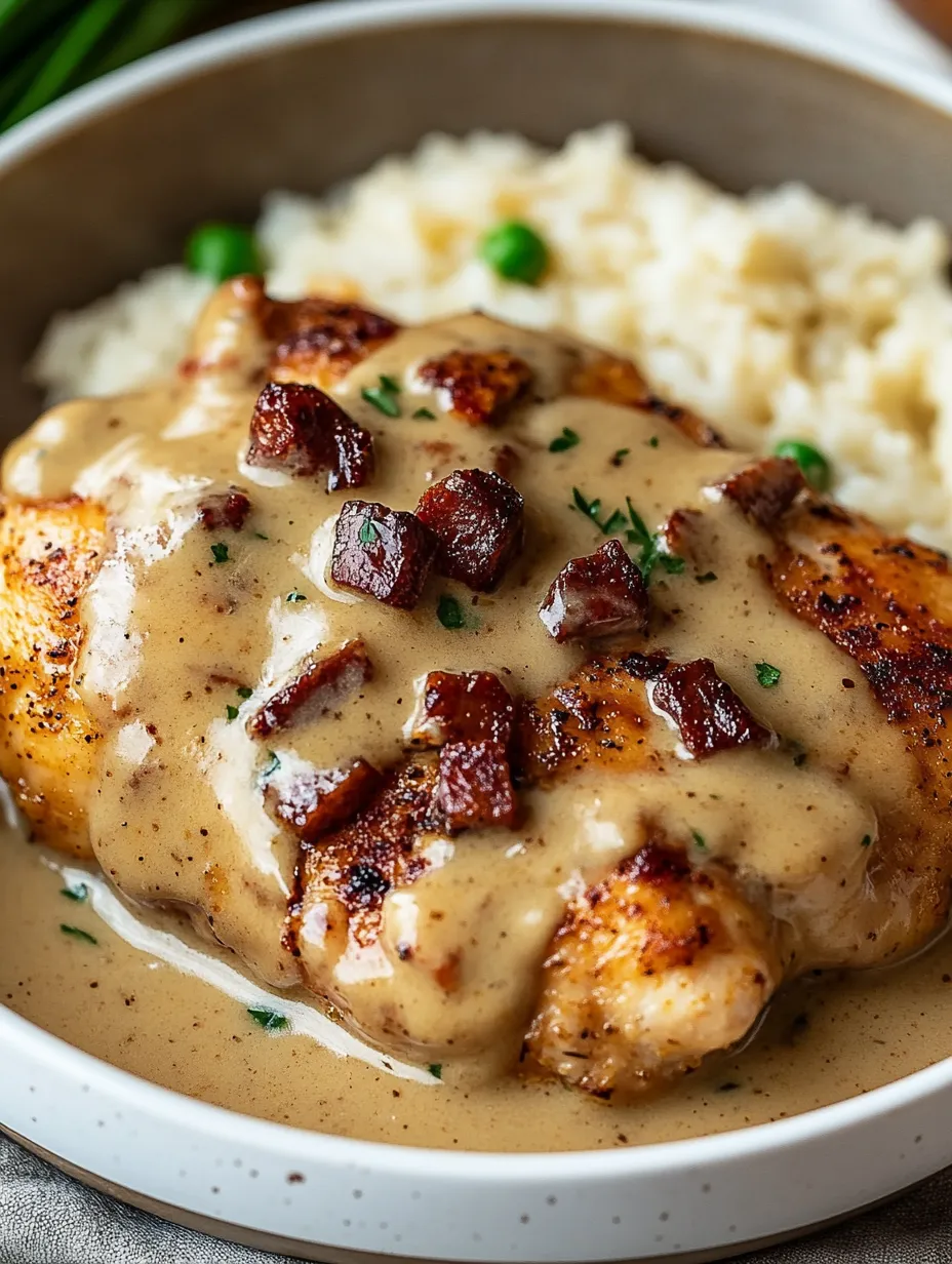 A delicious meal of chicken with gravy and rice.