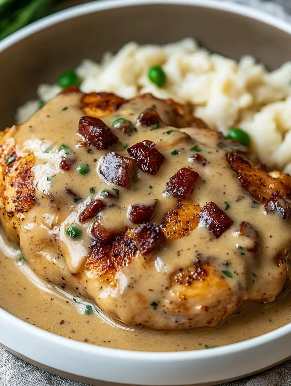 A delicious meal of chicken with gravy and mashed potatoes.