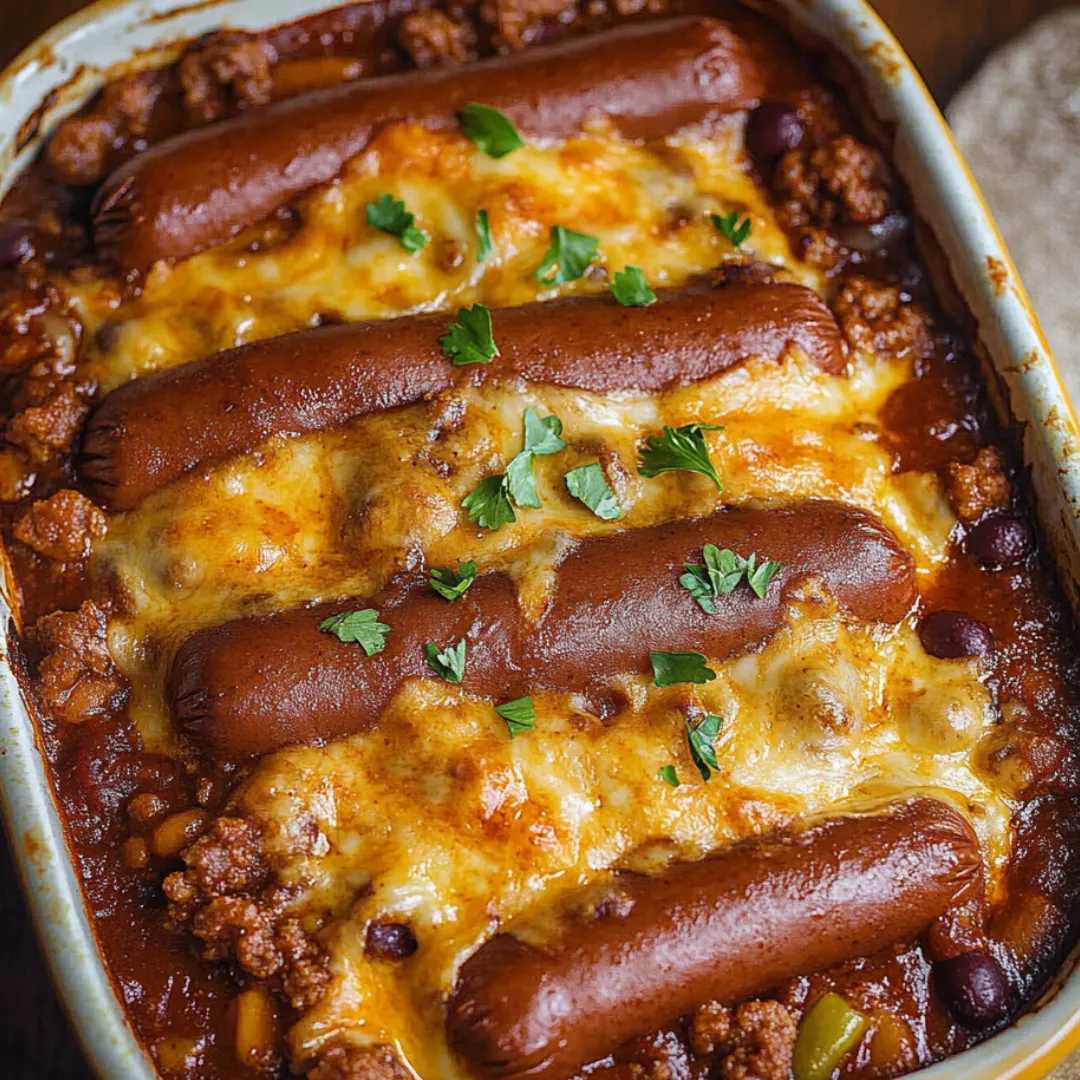 A bowl of chili with hot dogs in it.