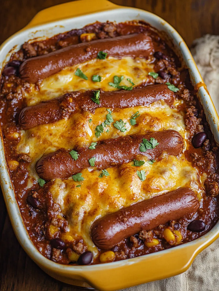 A bowl of chili with hot dogs in it.