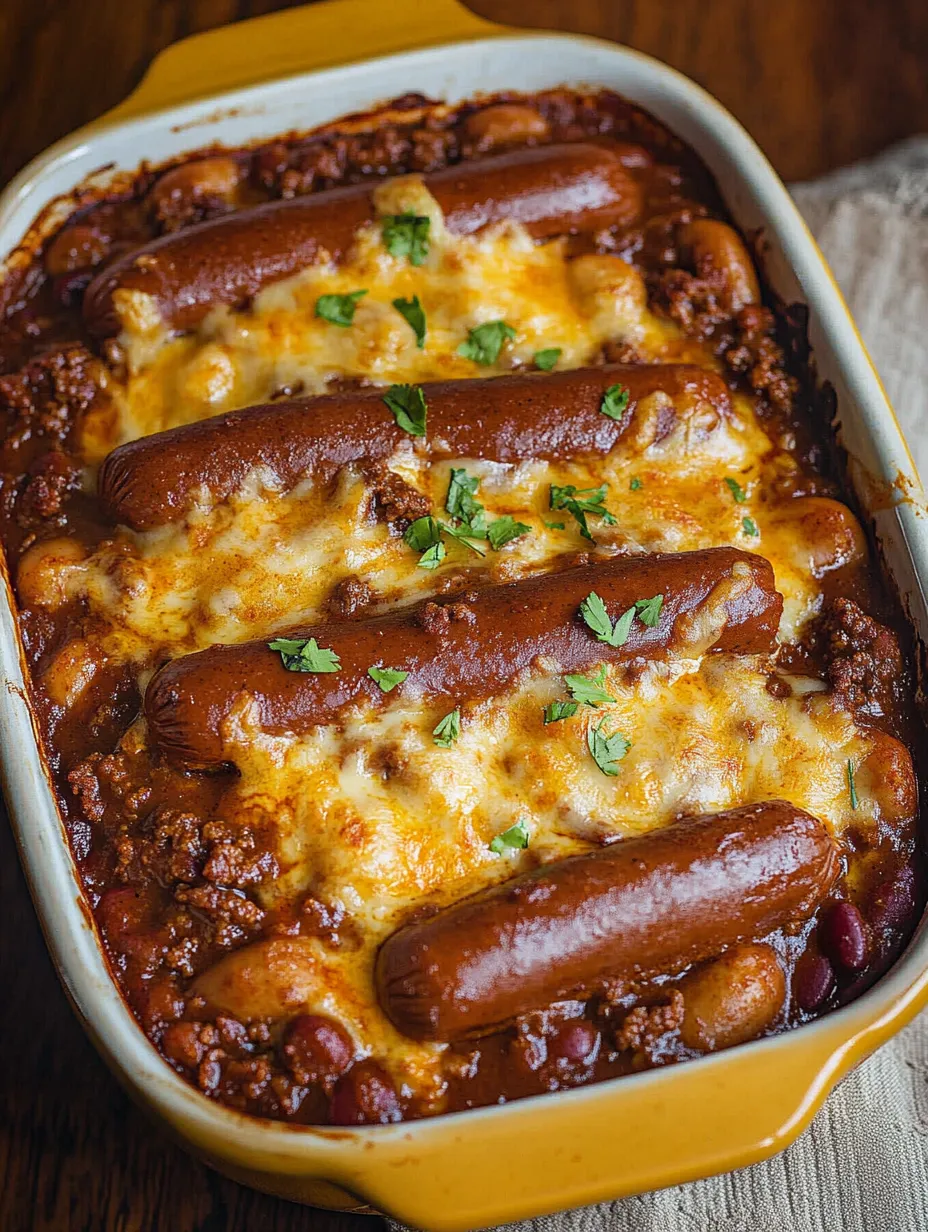 A large bowl of chili with hot dogs and beans.