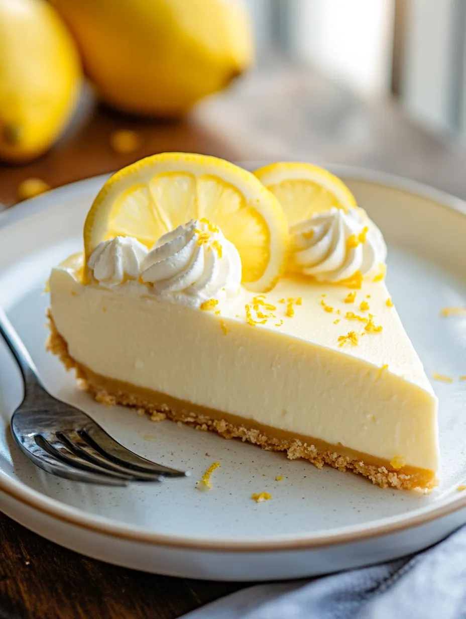 A slice of lemon cheesecake with lemon wedges on top.